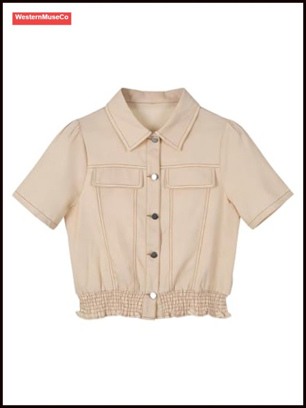 100% Cotton Denim Peplum Ruffle Hem Button Up Crop Top Summer Shirt